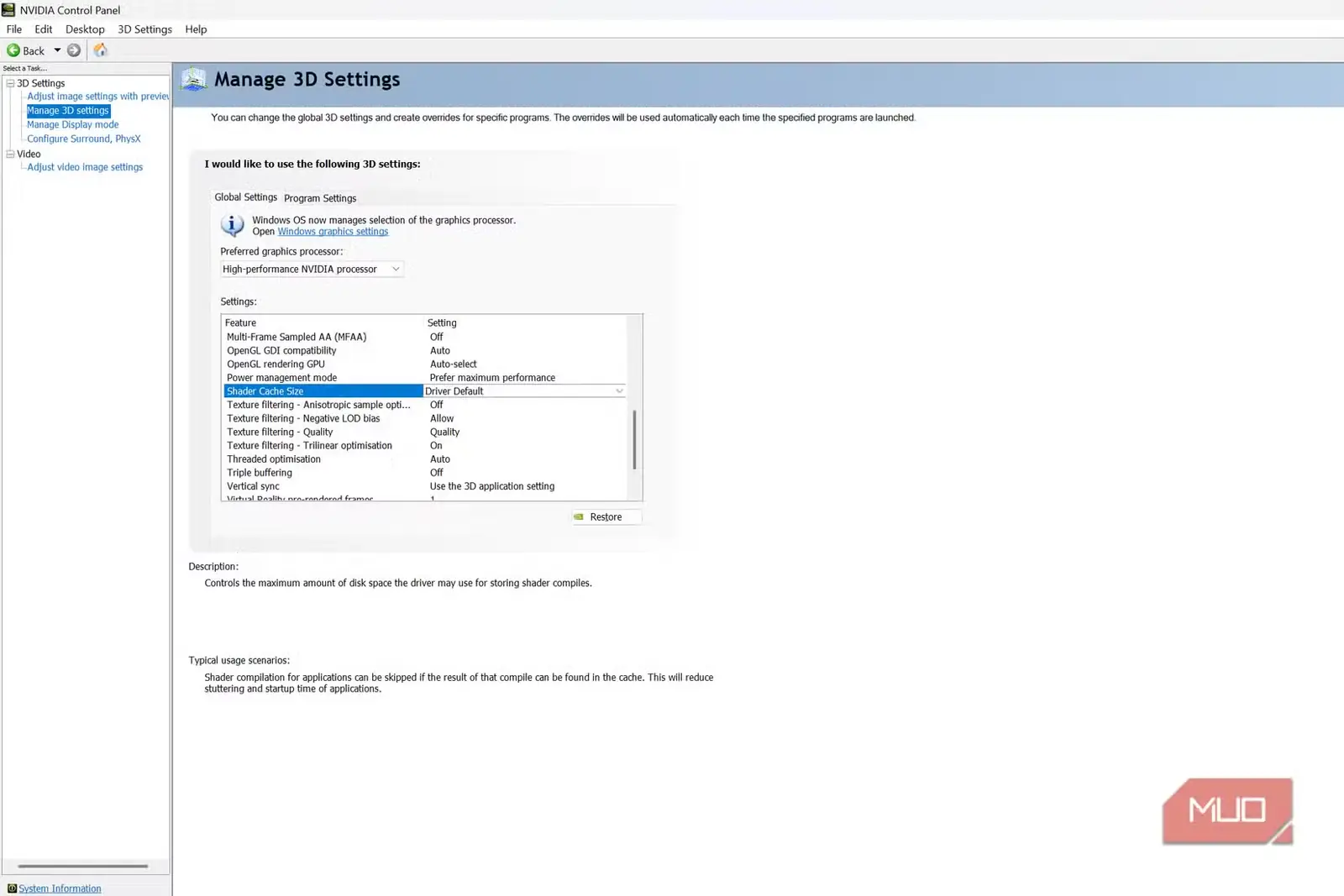 تنظیم سقف حافظه نهان سایهزن در Nvidia Control Panel