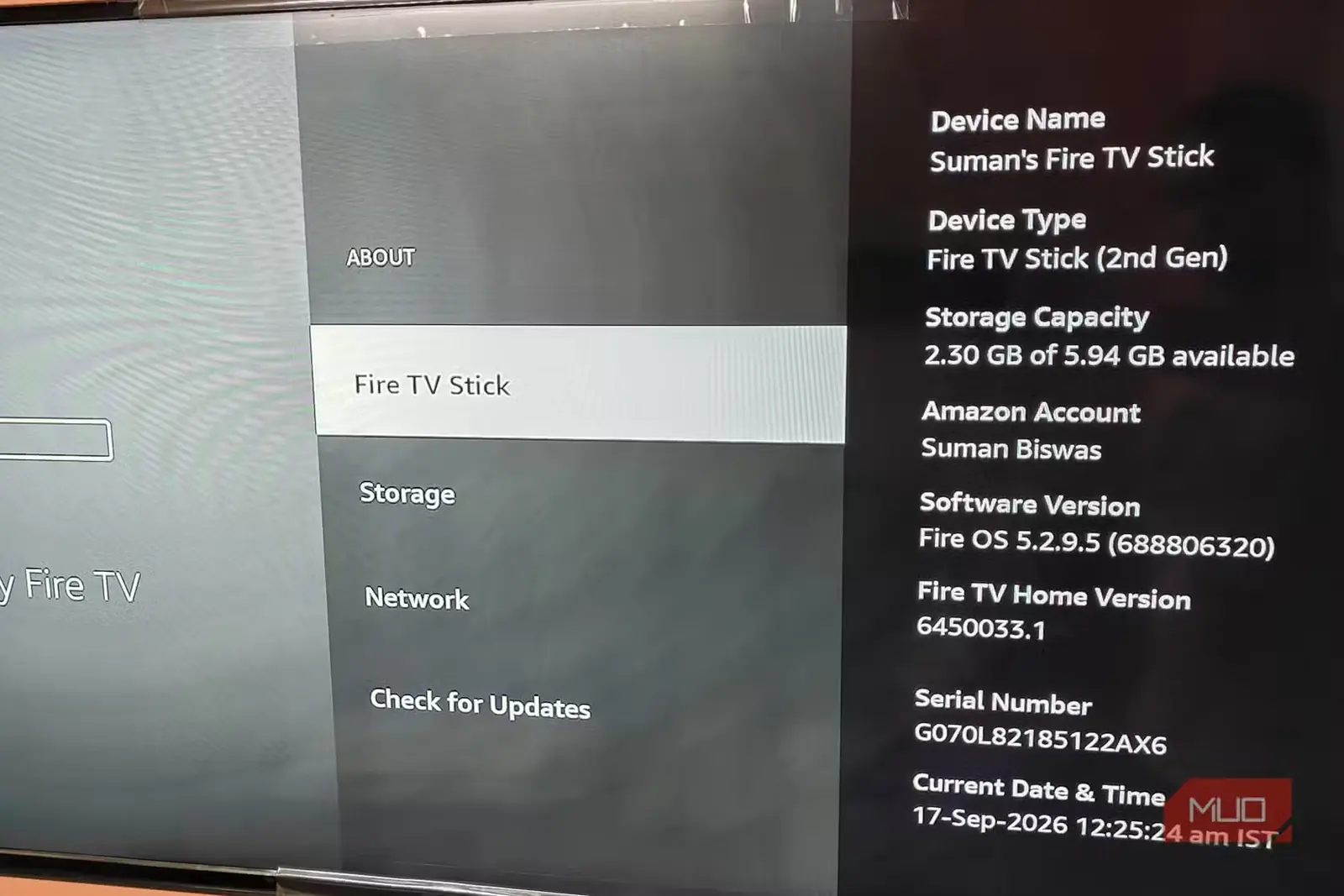 صفحهٔ دربارهٔ دستگاه در Fire TV Stick