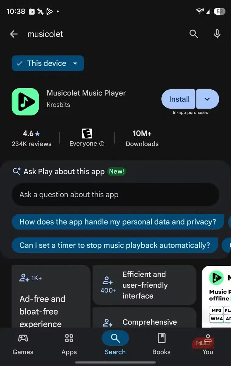 صفحهٔ نصب برنامهٔ Musicolet