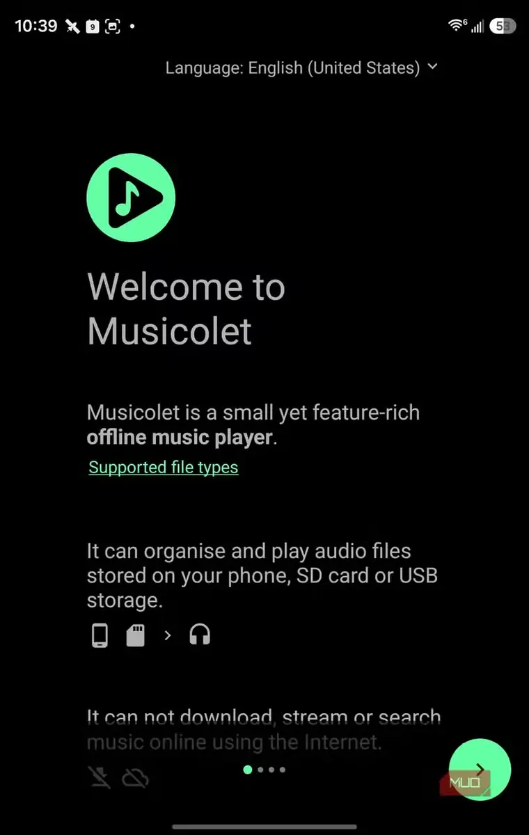 صفحهٔ خوشامدگویی برنامهٔ Musicolet