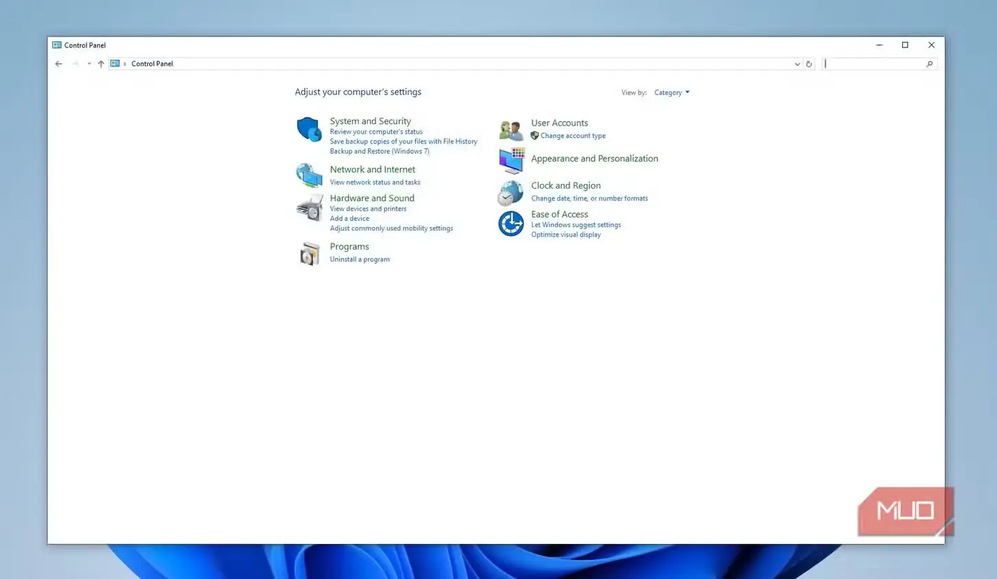 صفحه اصلی Control Panel در Windows