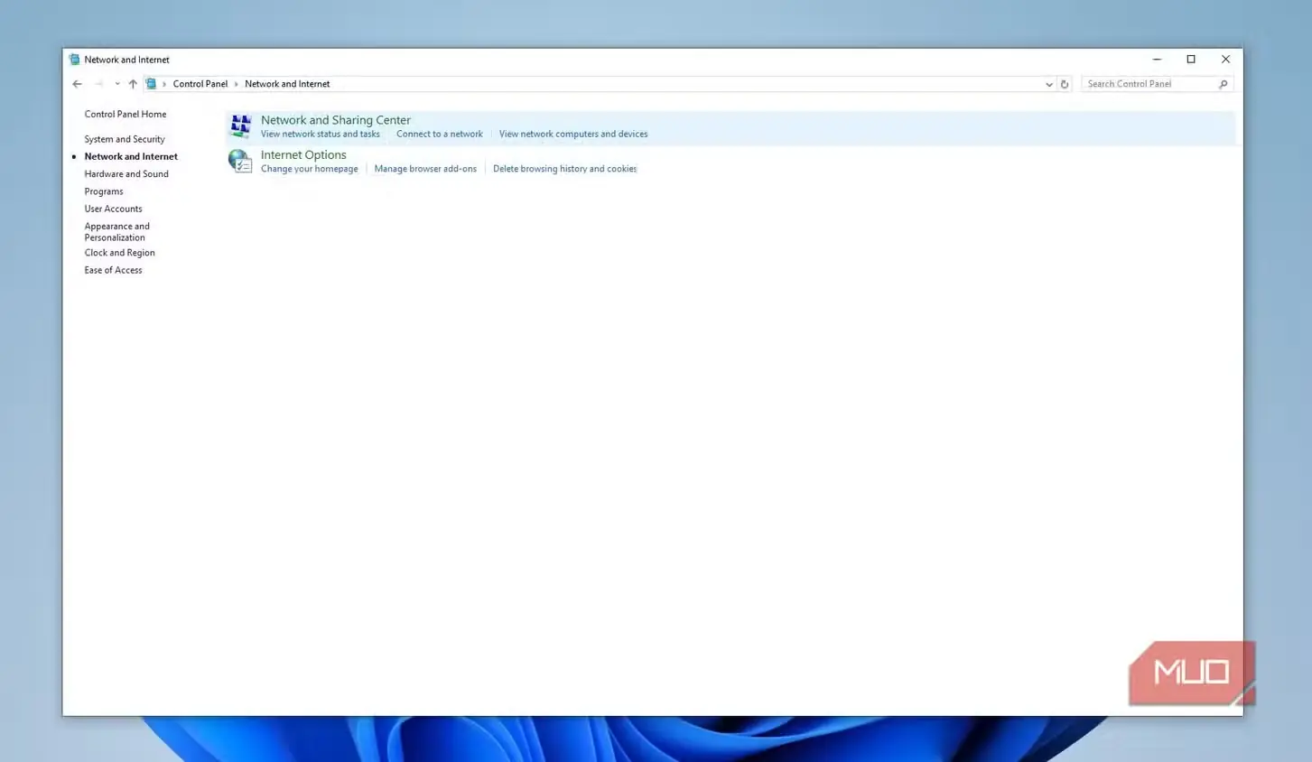 صفحه تنظیمات Network and Internet در Control Panel