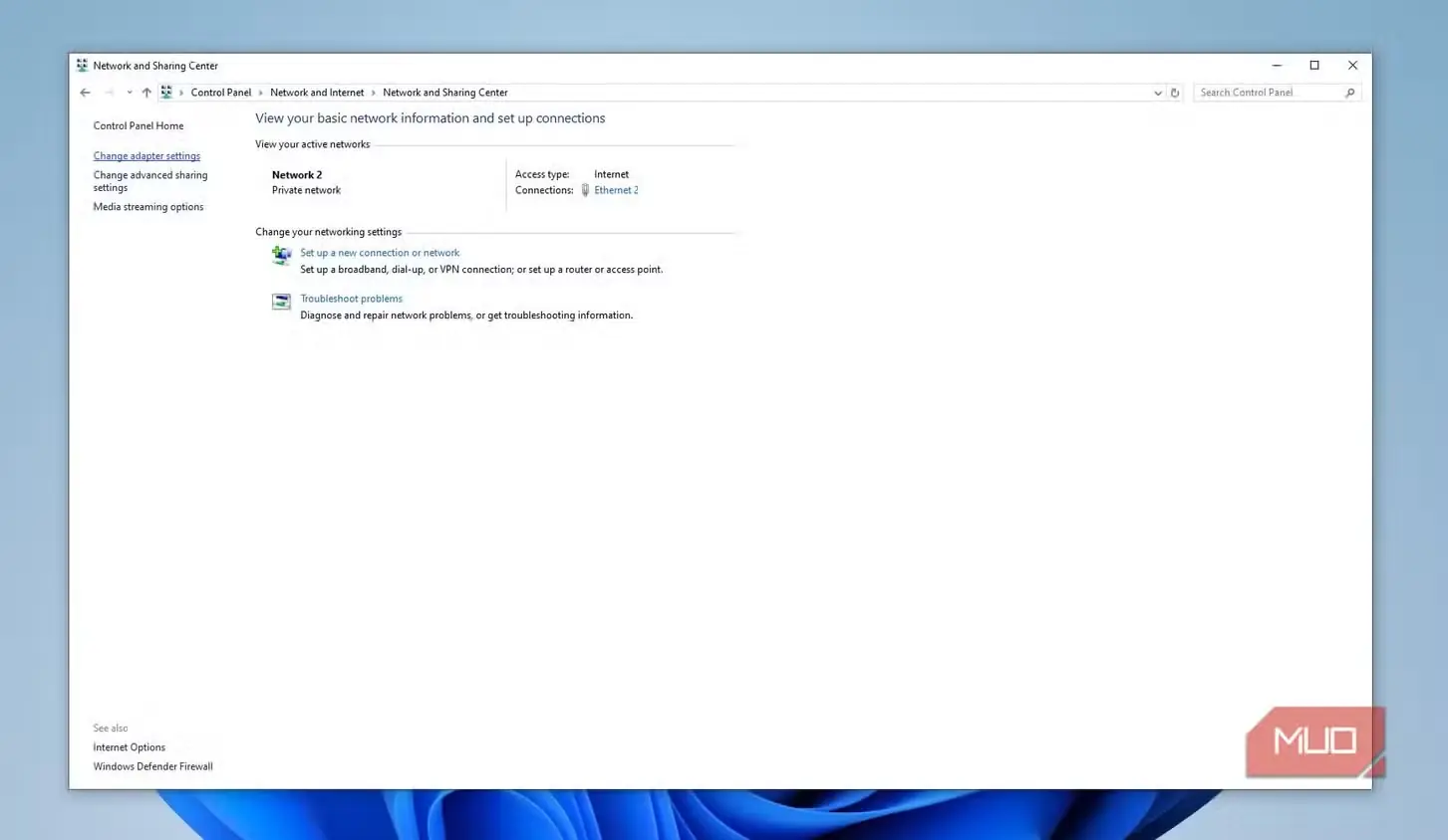 گزینه تغییر تنظیمات آداپتور در Control Panel