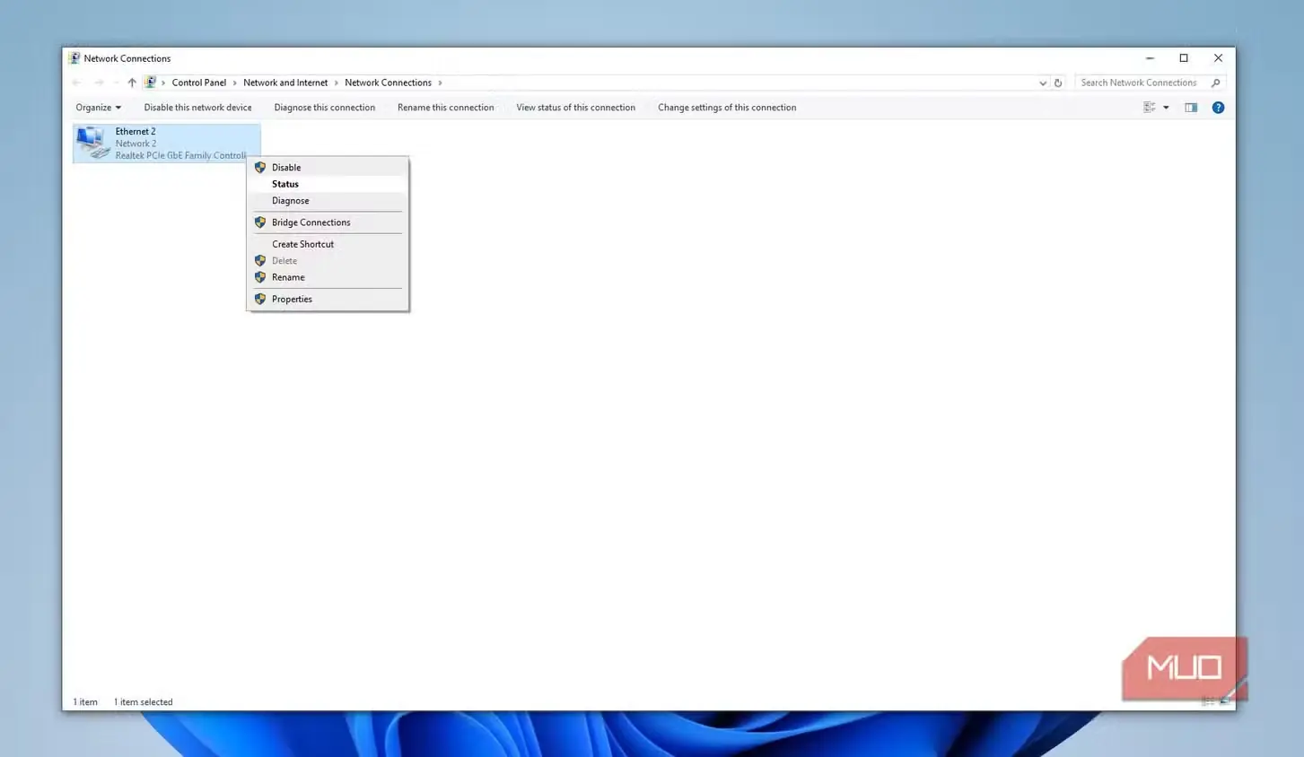 صفحه آداپتورهای شبکه در Windows