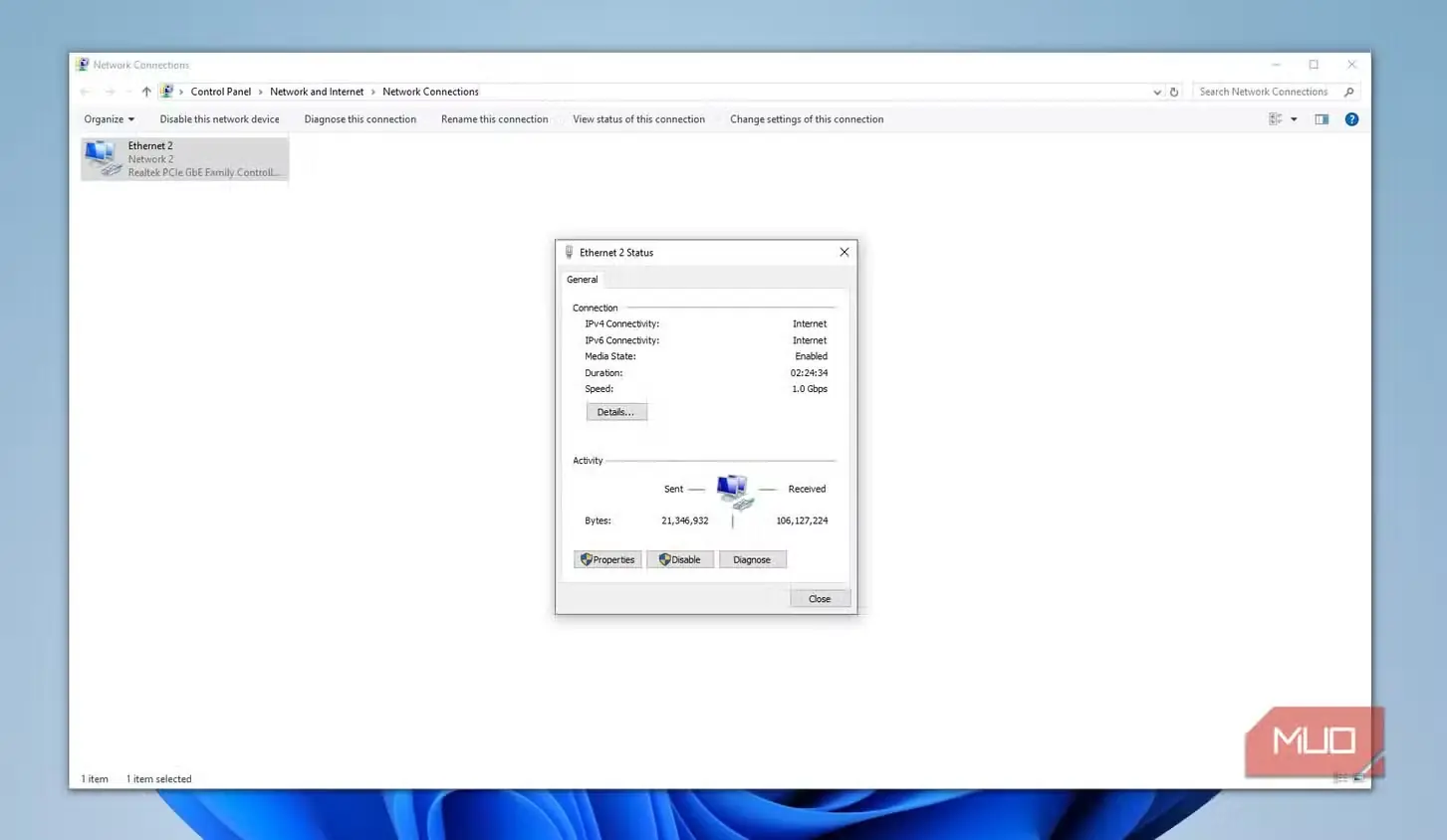 صفحه وضعیت Ethernet در Windows
