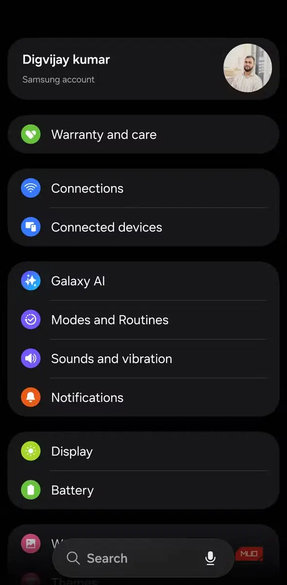 منوی اصلی برنامه تنظیمات در Samsung Galaxy