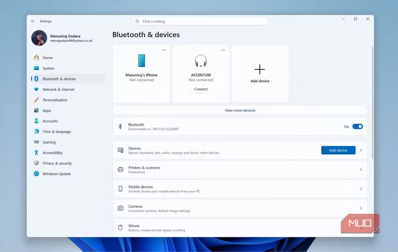 پنجرهٔ Bluetooth و دستگاهها در تنظیمات