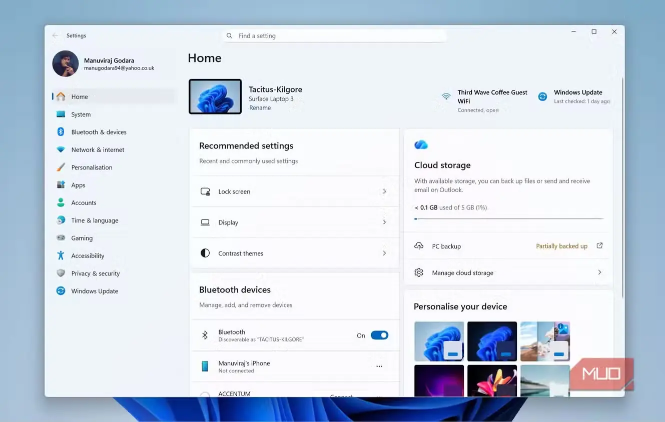 صفحهٔ تنظیمات Windows 11