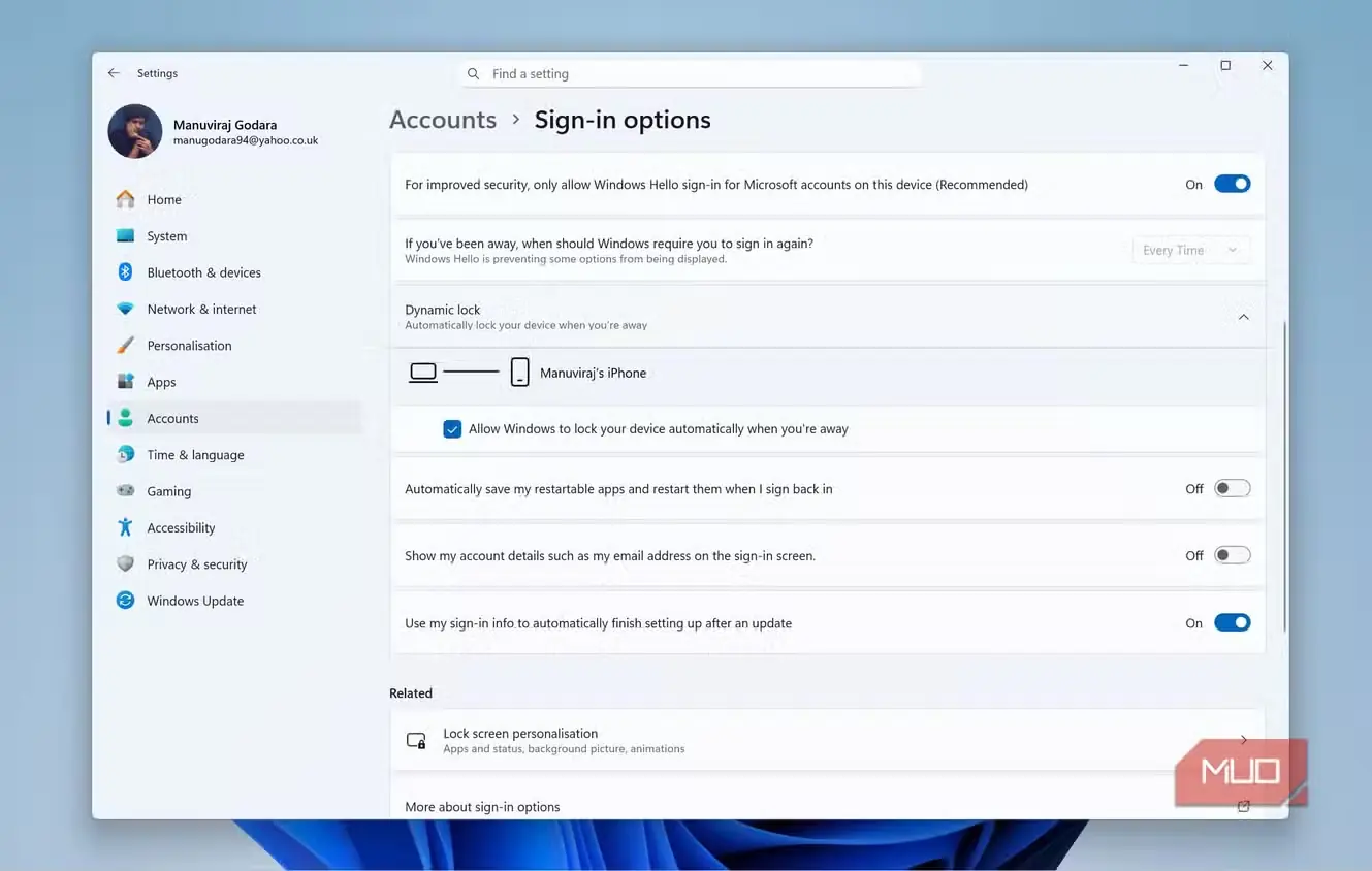 گزینهٔ Dynamic Lock در تنظیمات Windows