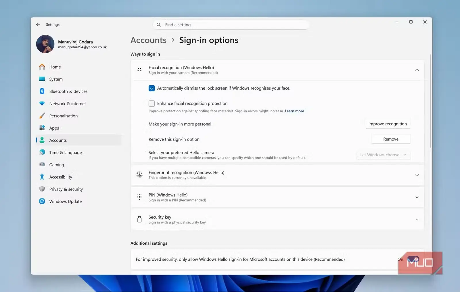 بخش Windows Hello در تنظیمات