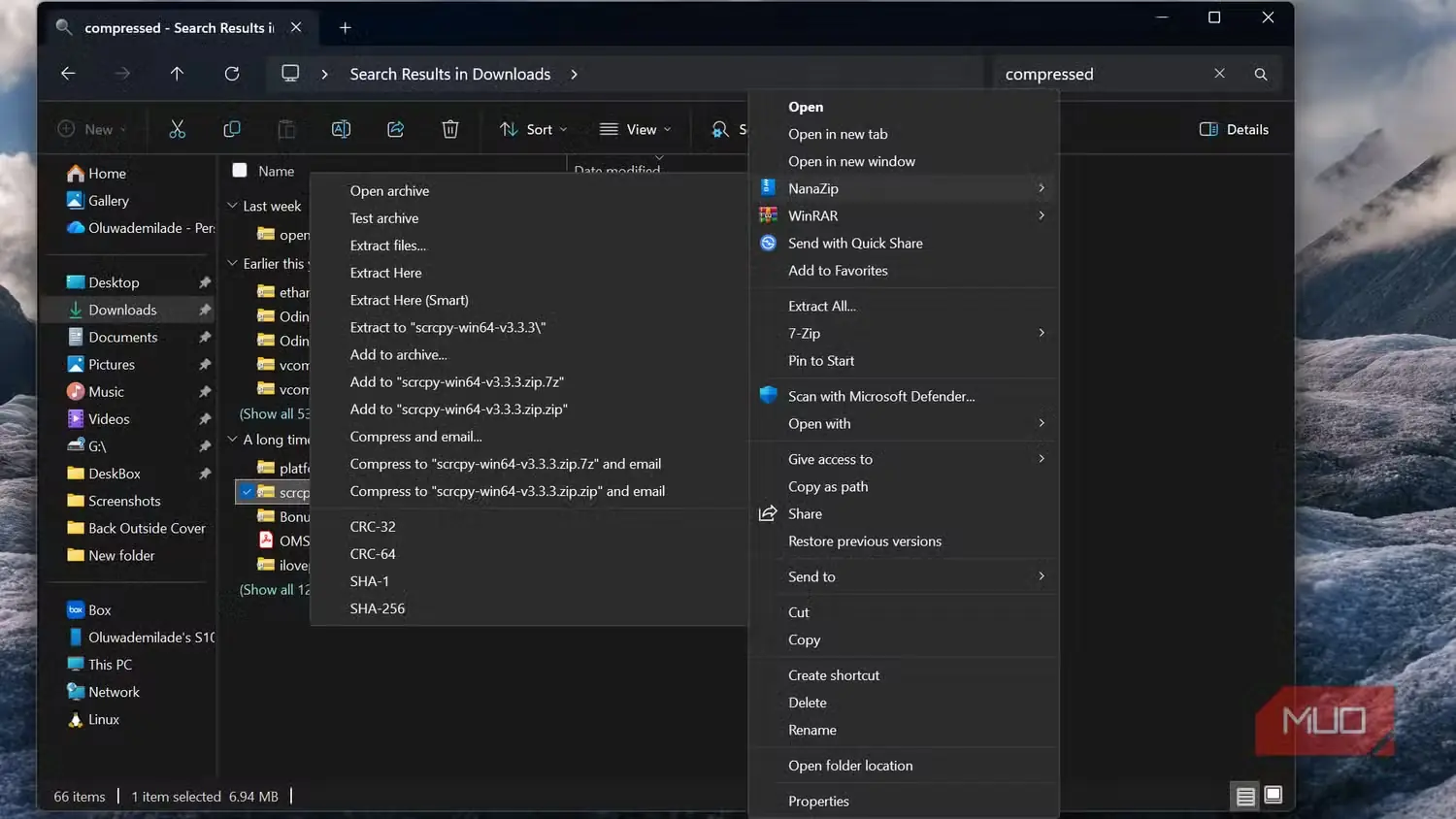 منوی زمینهٔ کاوشگر فایل Windows با گزینههای استخراج
