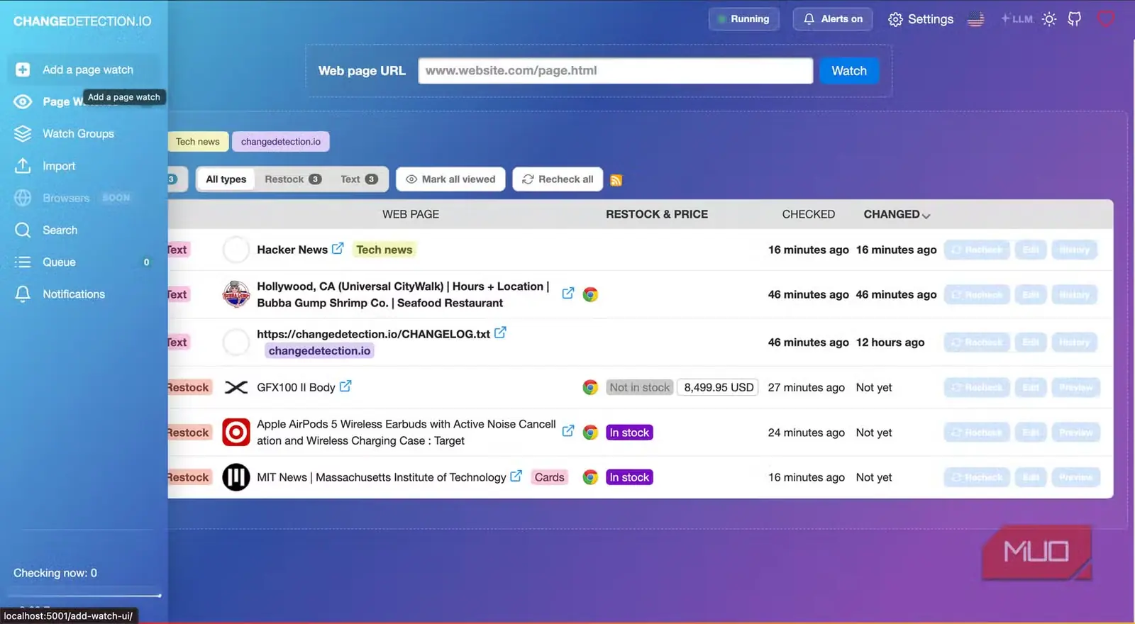 نمای رابط کاربری اصلی changedetection.io