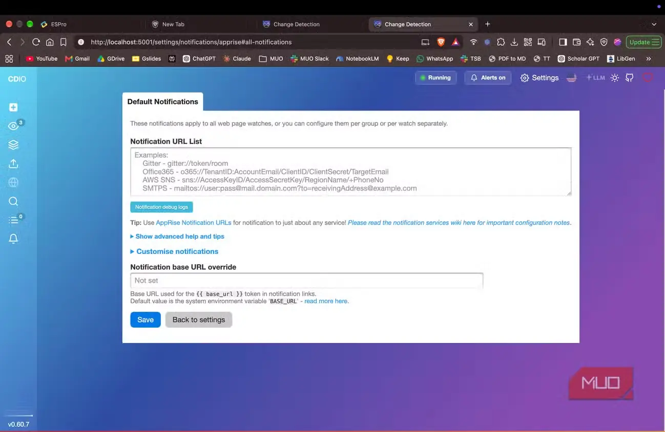 صفحهٔ تنظیمات اعلان‌ها در changedetection.io