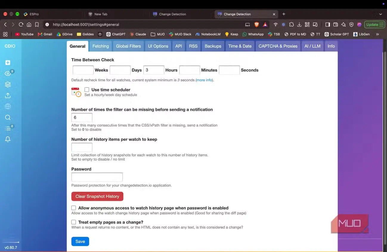 نمایش تنظیمات عمومی در changedetection.io