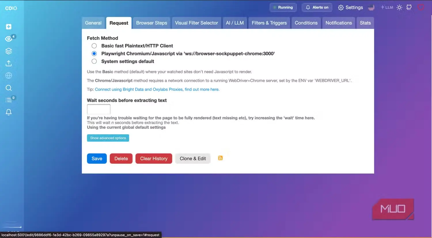 انتخاب نوع درخواست برای پایش تازه در changedetection.io