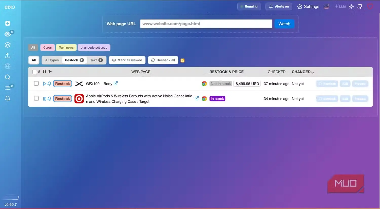 نمایش پایش‌ها با قابلیت راه‌اندازی مجدد در changedetection.io