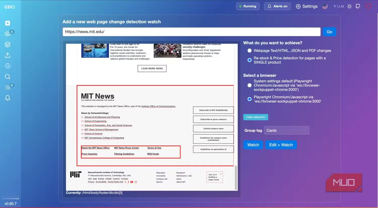 گزینه‌های شخصی‌سازی گزینشگر دیداری در changedetection.io