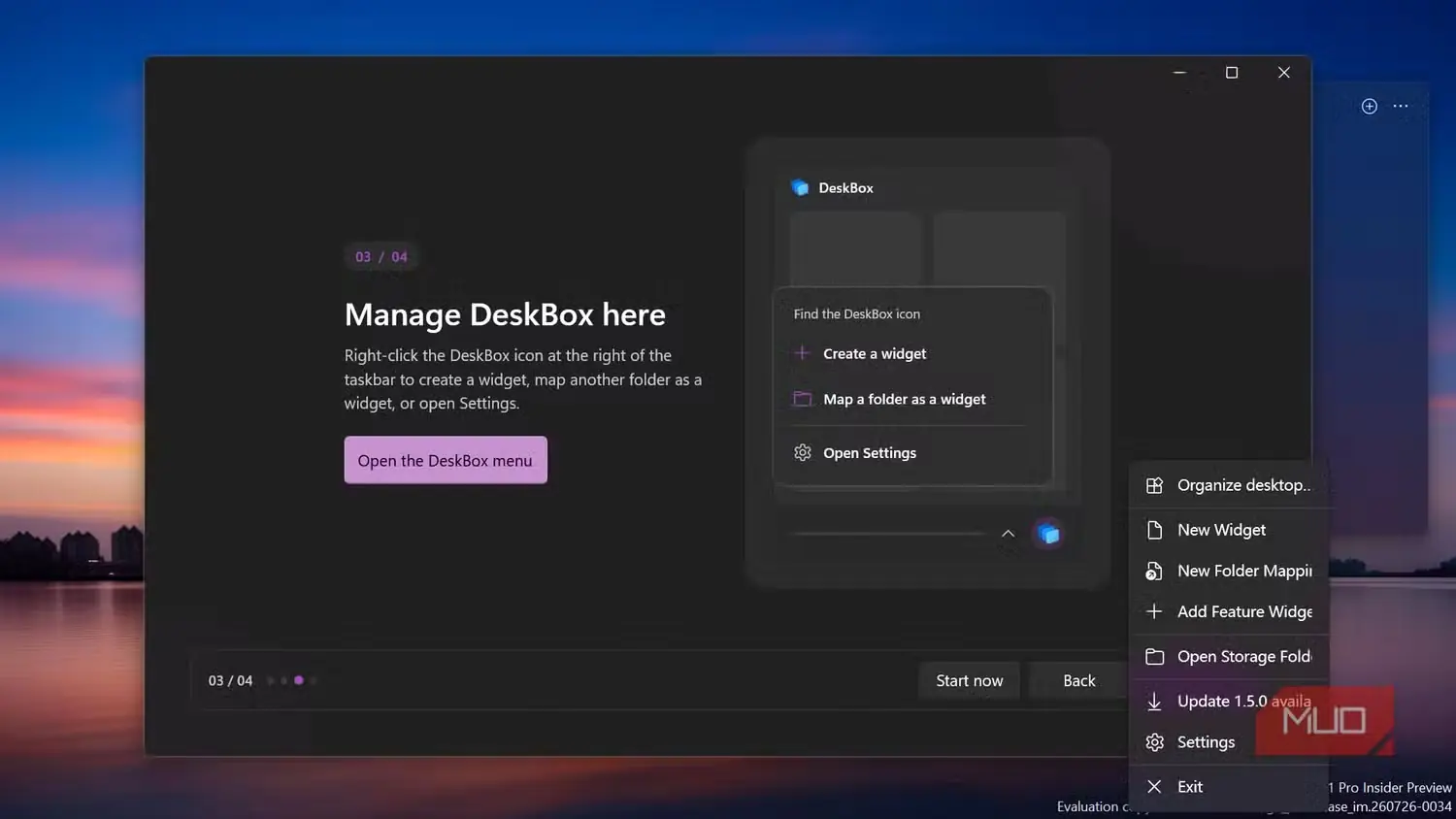 صفحهٔ آغاز به کار و منوی برنامهٔ DeskBox
