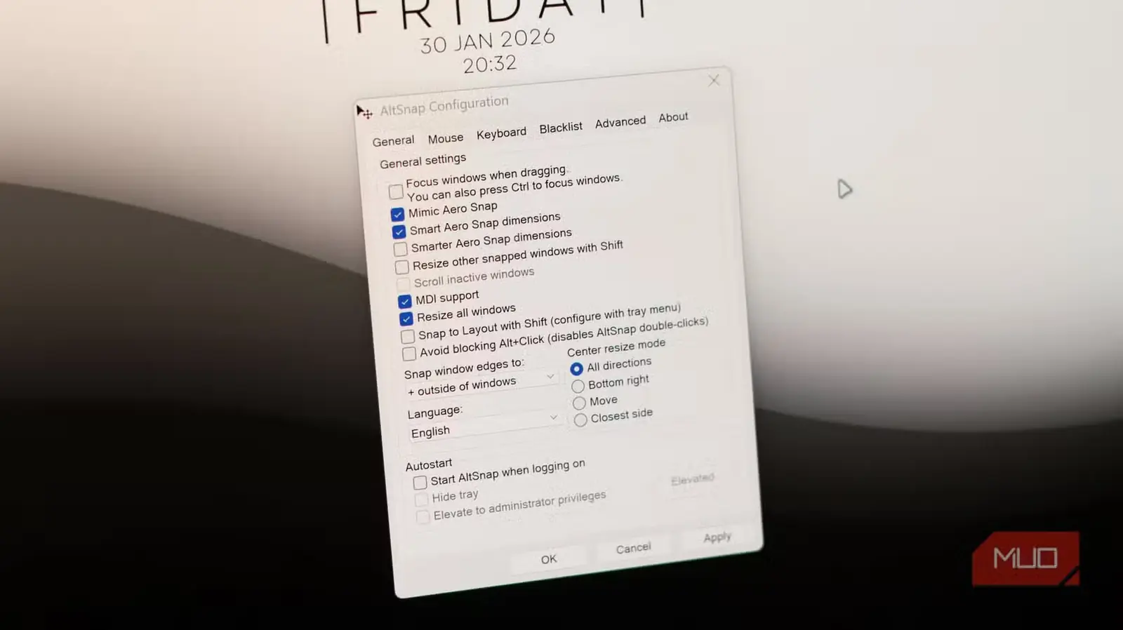 صفحهٔ پیکربندی Altsnap در Windows 11
