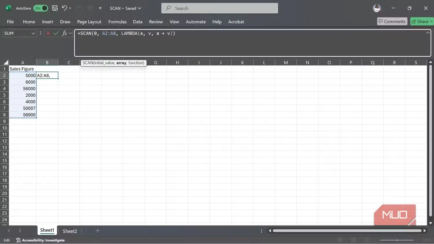 فرمول حاوی تابع SCAN درجشده در سلول B2