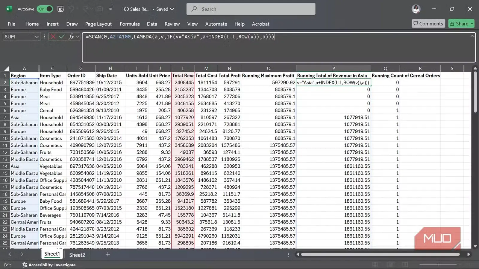 سه بار استفاده از تابع SCAN روی مجموعهدادهٔ سوابق فروش در Excel