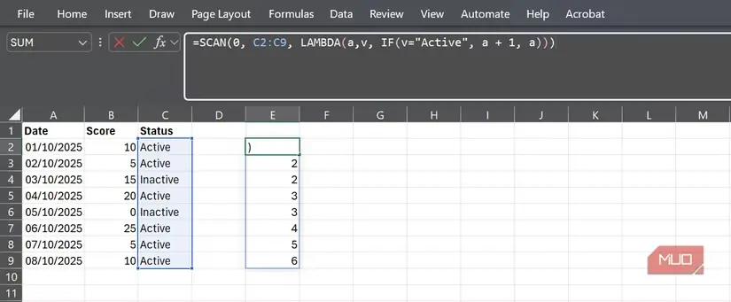 کاربرد تابع SCAN برای محاسبهٔ شمارش تجمعی روزهای فعال در Excel