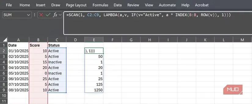کاربرد تابع SCAN برای محاسبه حاصلضرب تجمعیِ شرطی در Excel
