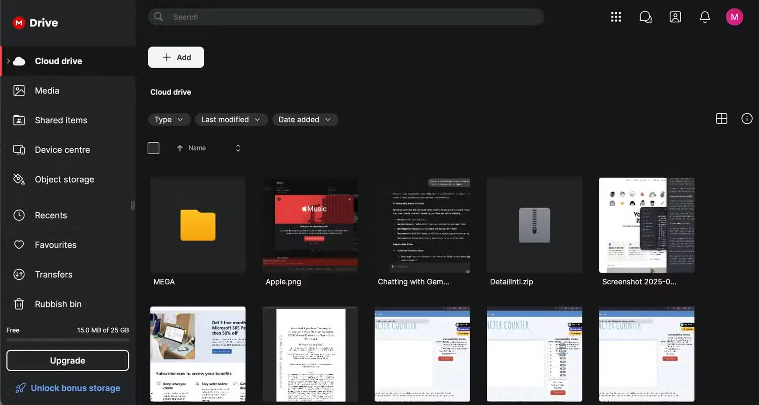 نمایی از رابط وب فضای ابری Mega