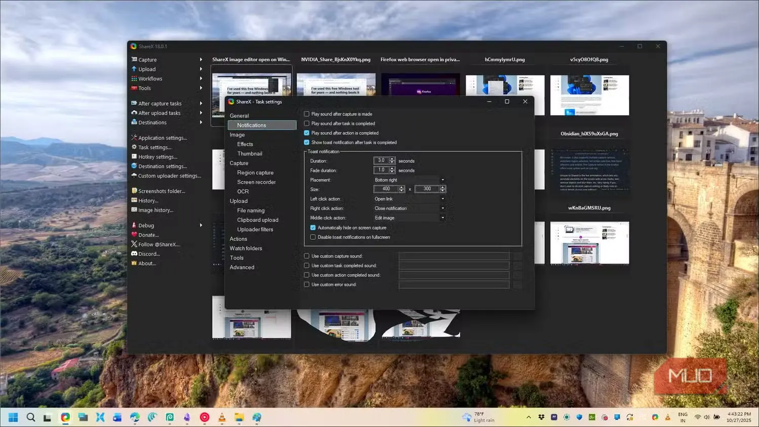 پنجره تنظیمات وظیفه ShareX در Windows 11