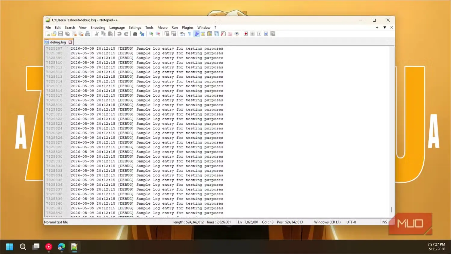 پرونده اشکالزدایی بازشده در Notepad++ روی Windows 11