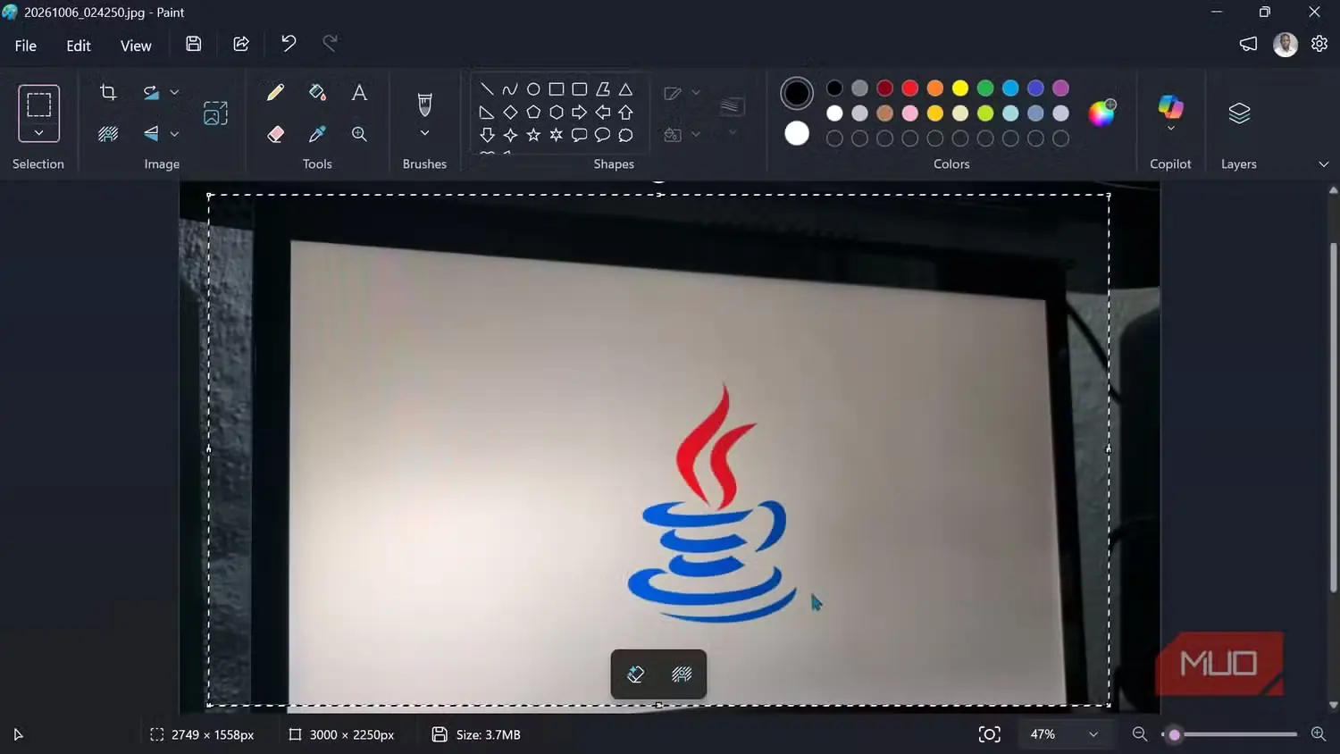 نشان Java نمایشدادهشده در Microsoft Paint