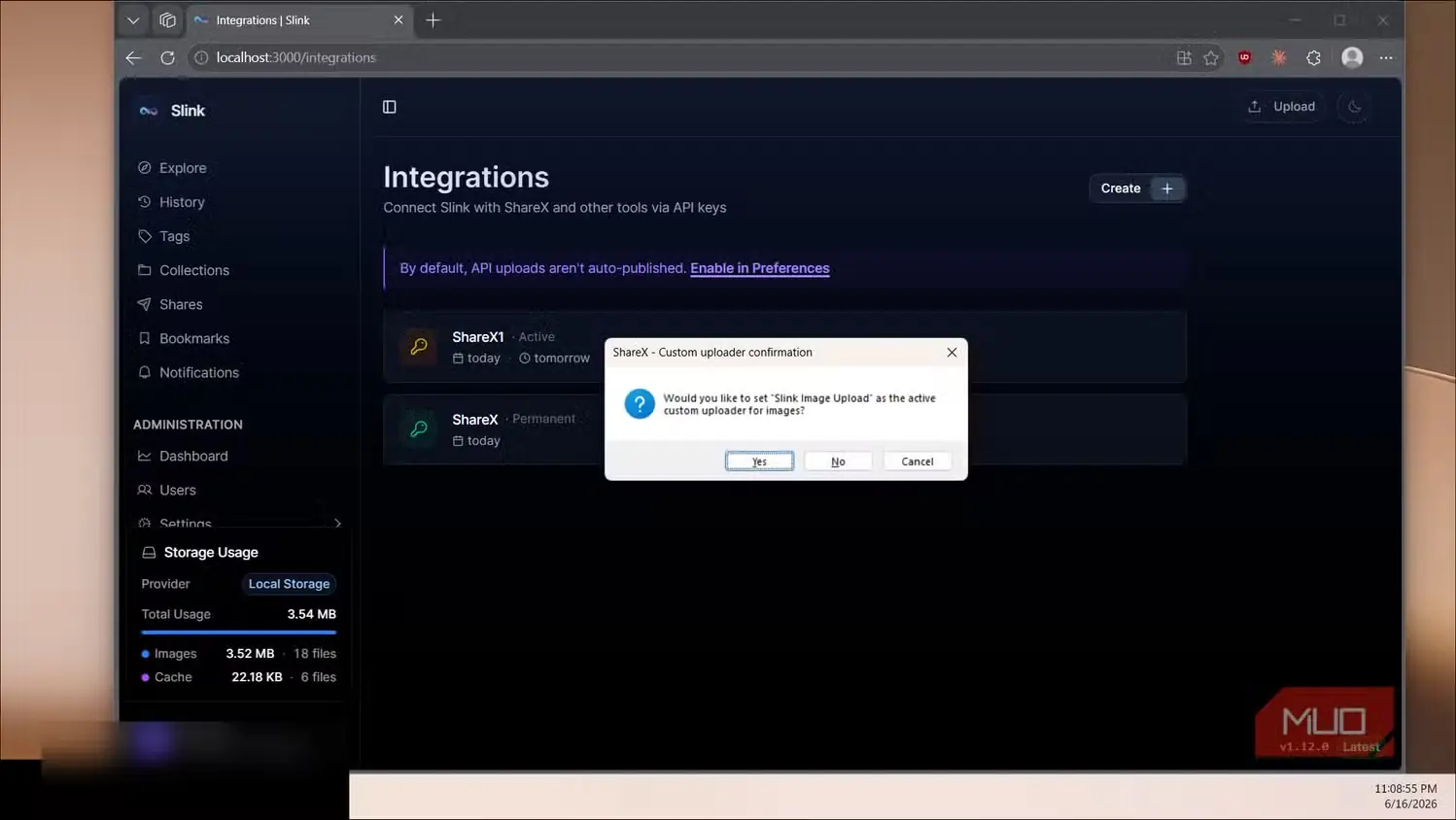 پیام تأیید بارگذار سفارشی Slink در ShareX