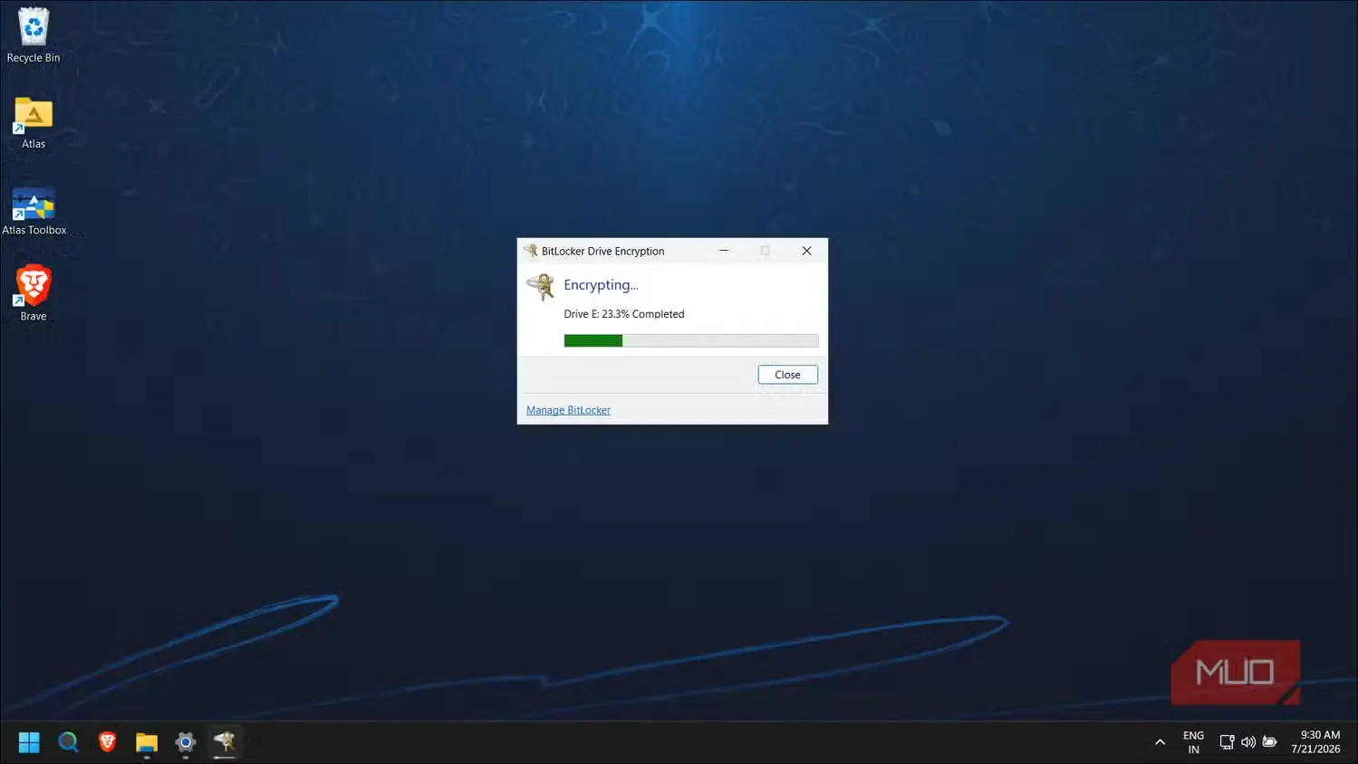 پنجرهٔ پیشرفت رمزگذاری درایو با BitLocker و تکمیل ۲۳ درصدی فرایند
