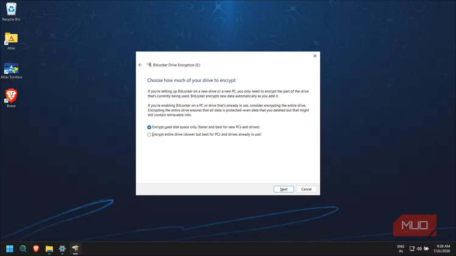 پنجرهٔ راهاندازی رمزگذاری درایو با BitLocker برای انتخاب گزینههای رمزگذاری