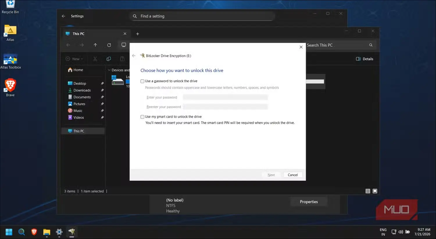 پنجرهٔ باز کردن قفل BitLocker با گزینهٔ گذرواژه