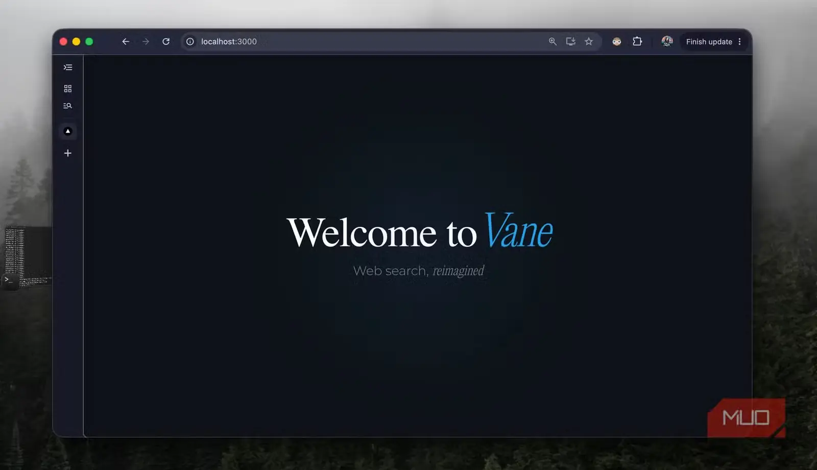 صفحه خوشامدگویی Vane در مرورگر Chrome روی میزبان محلی 3000 با شعار «بازآفرینی جستوجوی وب»