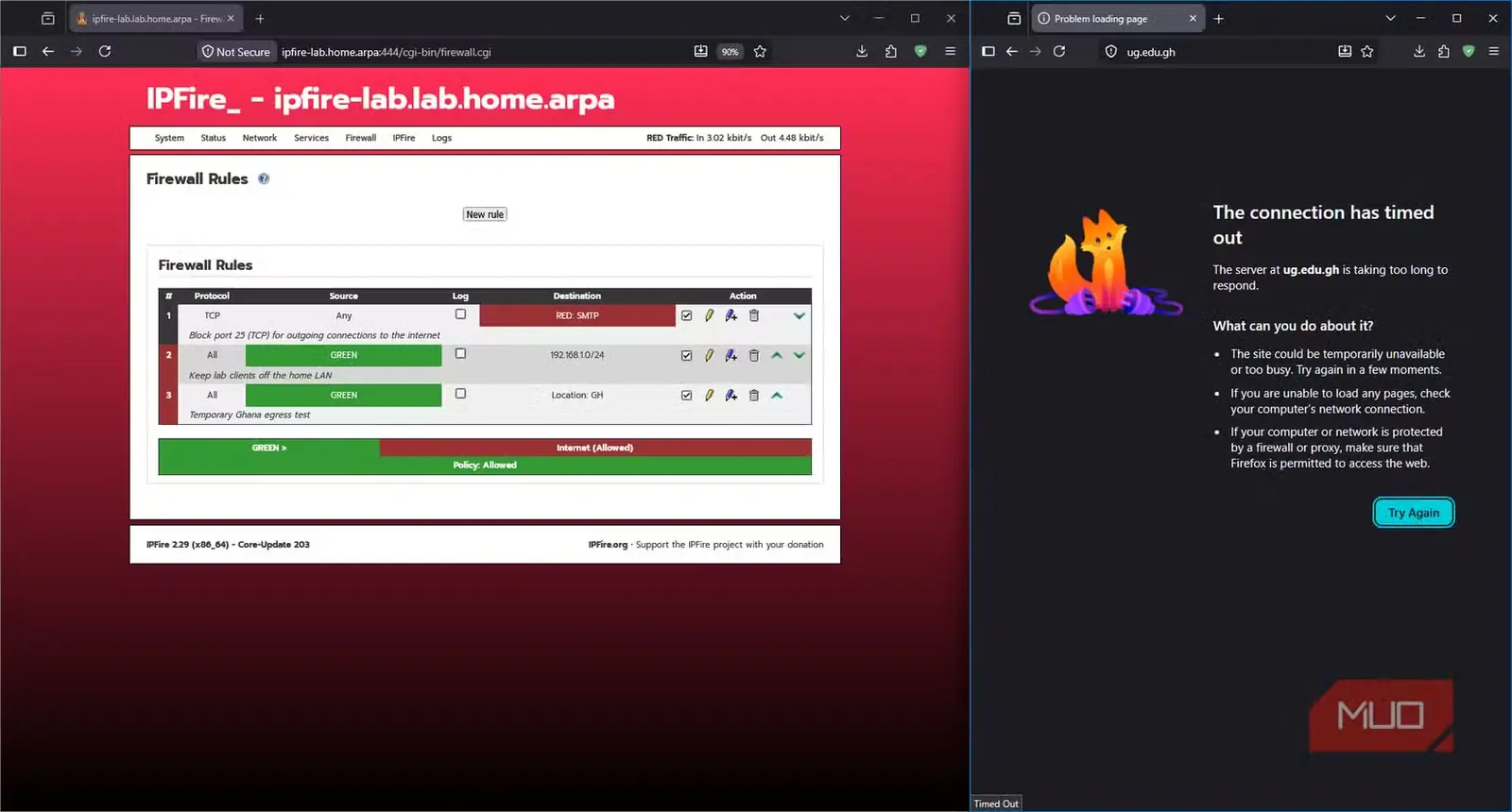 قانون هدایت IPFire برای مسدودکردن موقت ترافیک آزمایشگاه به نشانیهای IP مقصدی که متعلق به غنا شناخته شدهاند