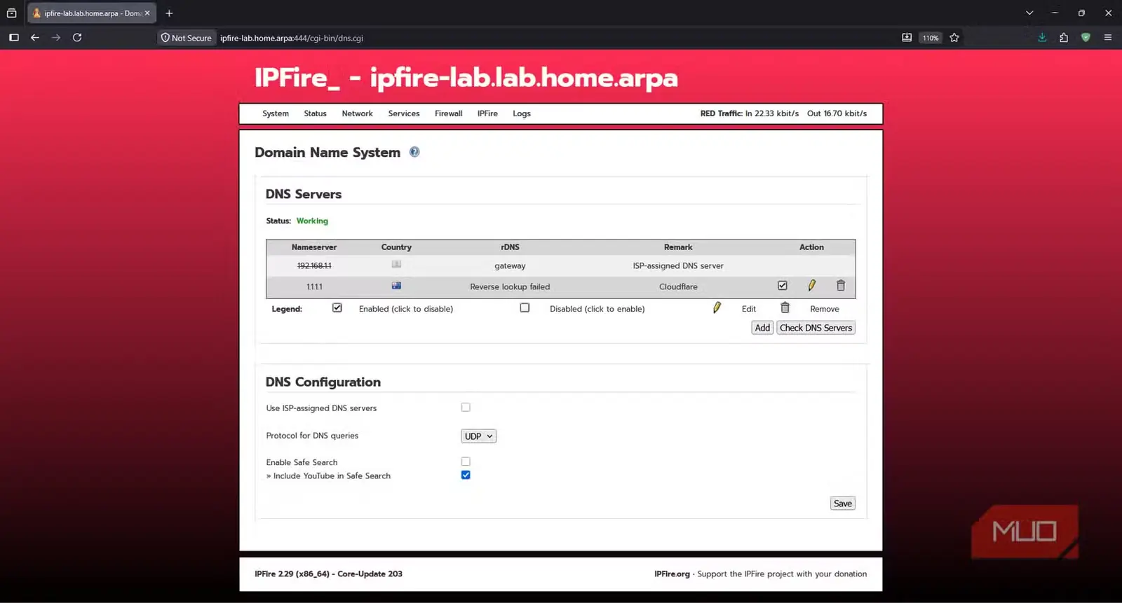 تنظیمات DNS در IPFire با 1.1.1.1 فعال بهعنوان تحلیلگر بالادستی و وضعیت Working برای سرویس DNS
