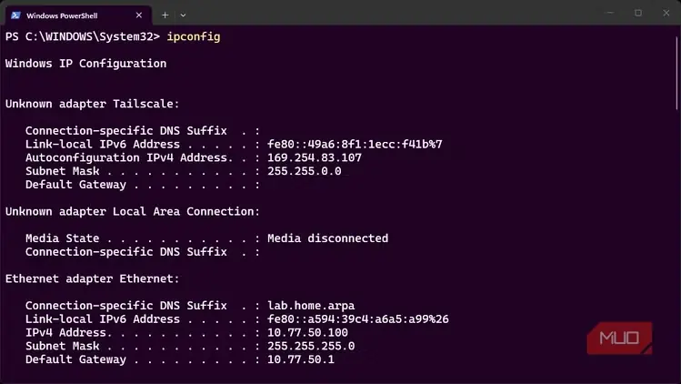 جزئیات شبکهٔ Windows با لپتاپ آزمایشگاه در نشانی 10.77.50.100 و IPFire در نشانی 10.77.50.1 بهعنوان دروازه