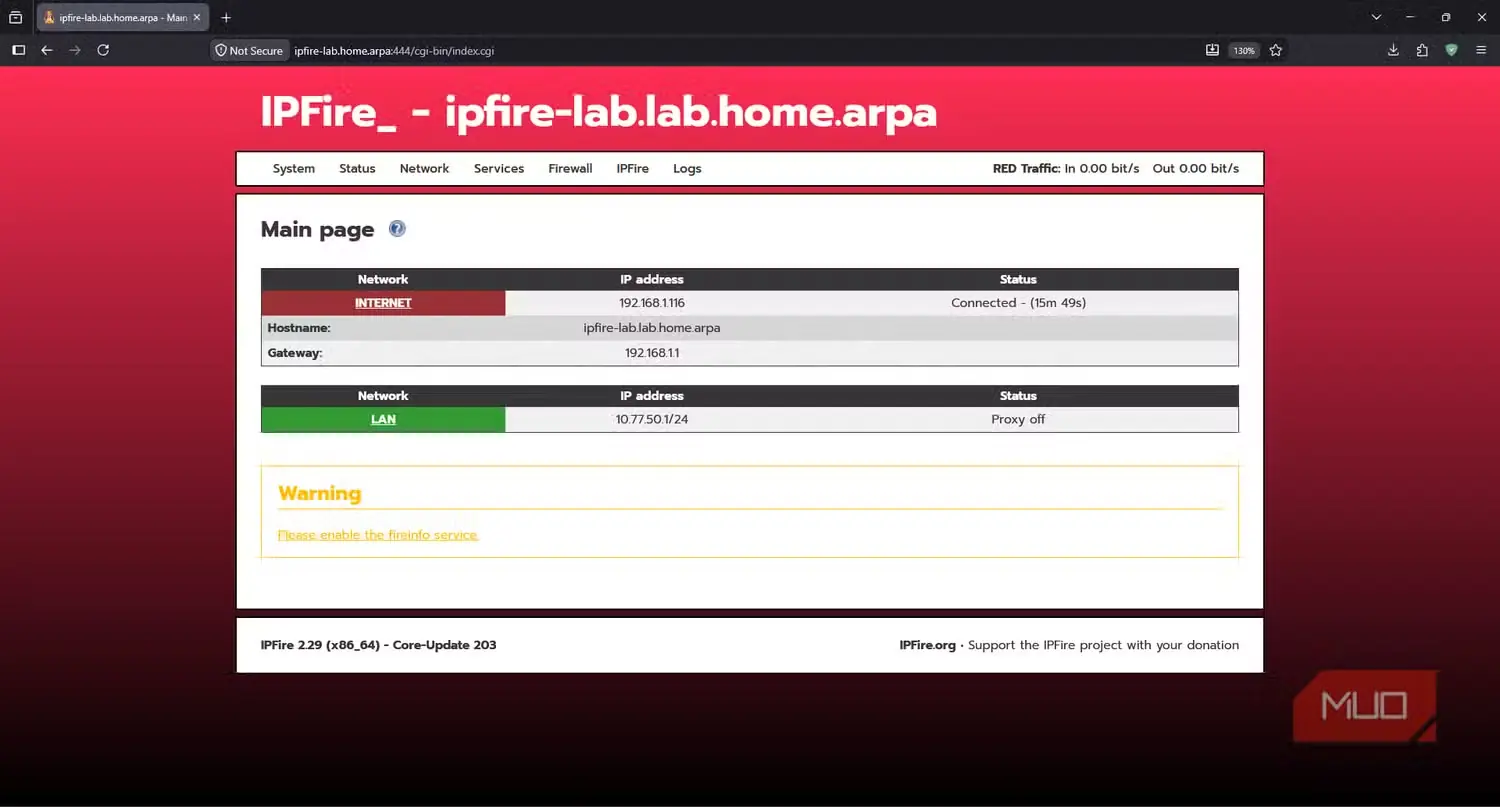 پیشخوان IPFire و دیوار آتش فعال پس از اتصال کارخواه سیمی آزمایشگاه