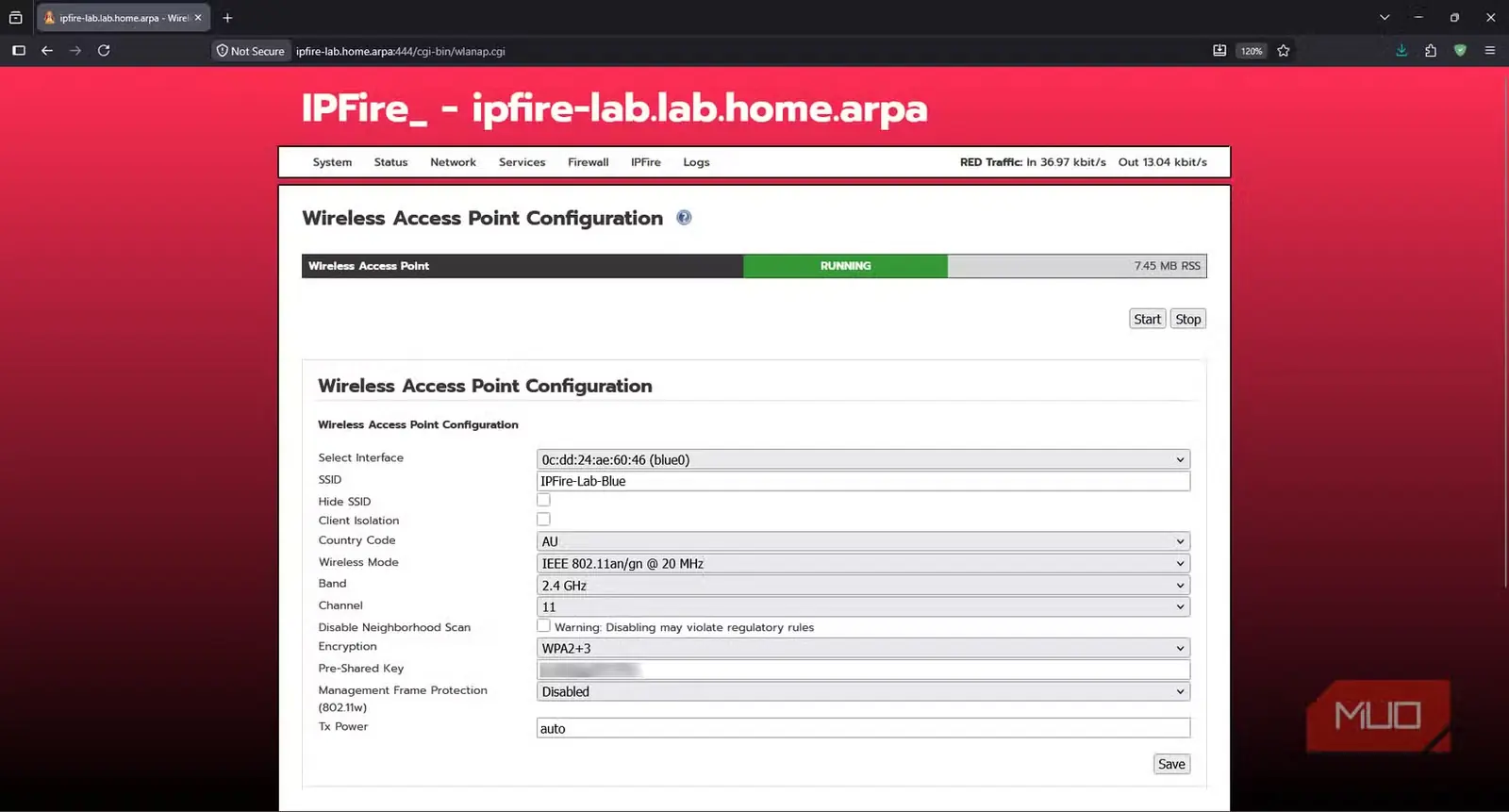 تنظیمات بیسیم IPFire با نقطهٔ دسترسی BLUE فعال روی کانال ثابت 2.4 GHz