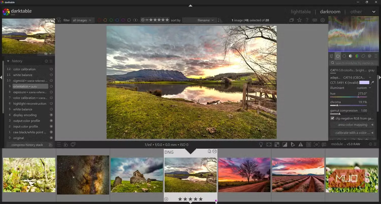 نخستین درونریزی فایلهای DNG در Darktable همراه با پشته تاریخچه و بافتنگار