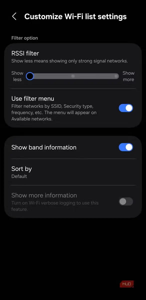منوی تنظیمات وایفای در گوشی Samsung
