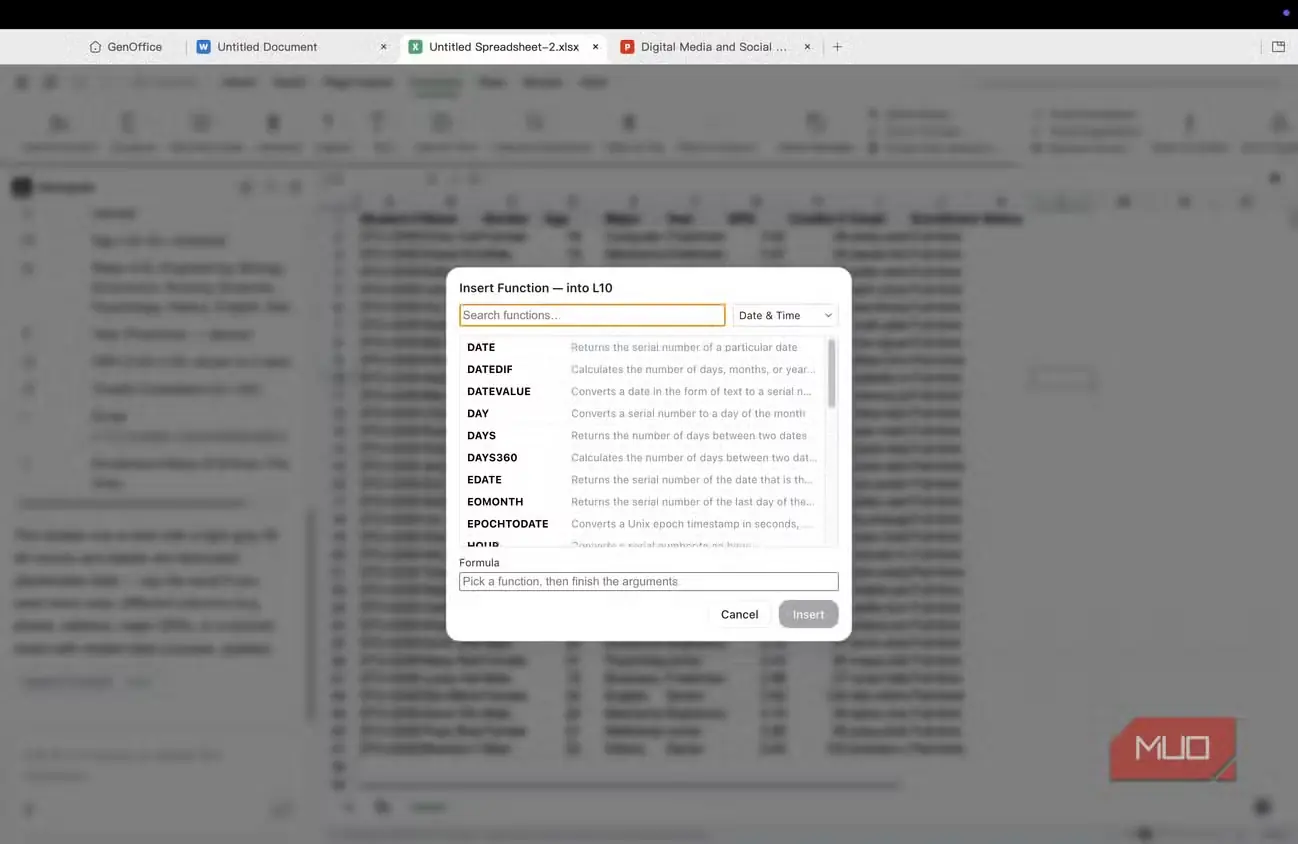 گزینهٔ درج تابعها در GenOffice