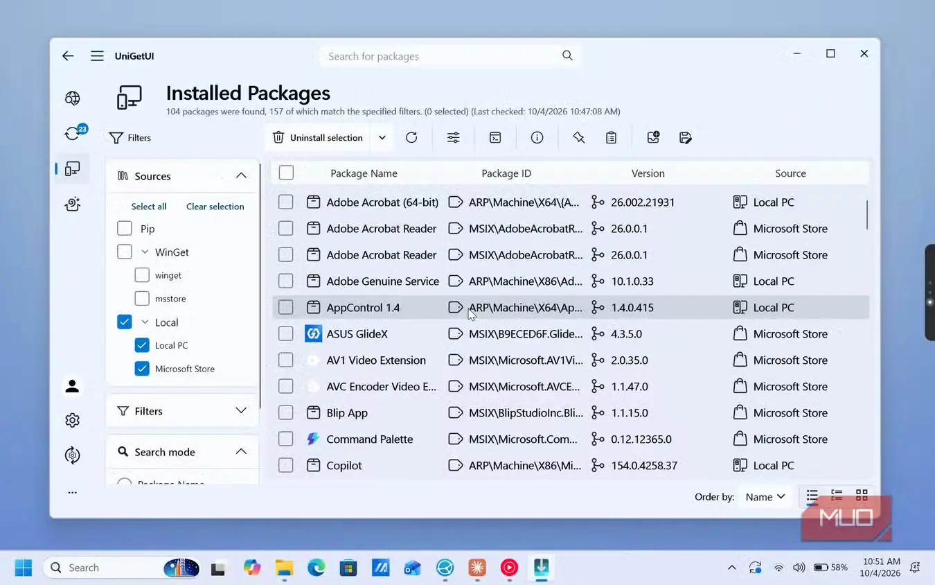 فهرست بستههای نصبشدهٔ UniGetUI شامل Adobe Acrobat، ASUS GlideX و Copilot