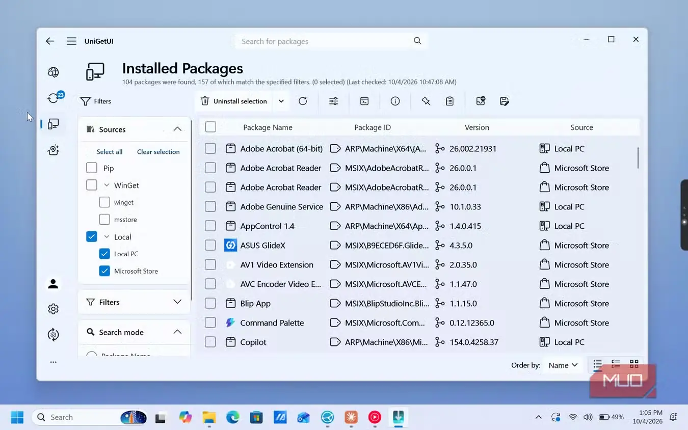 فهرست بستههای نصبشدهٔ UniGetUI شامل Adobe Acrobat و برنامههای Microsoft Store