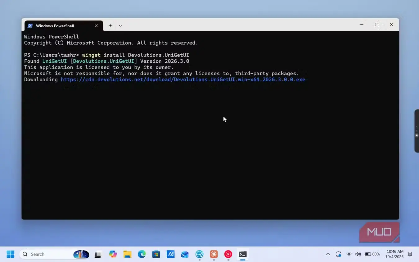 نصب بستهٔ Devolutions UniGetUI در Windows PowerShell با فرمان wget