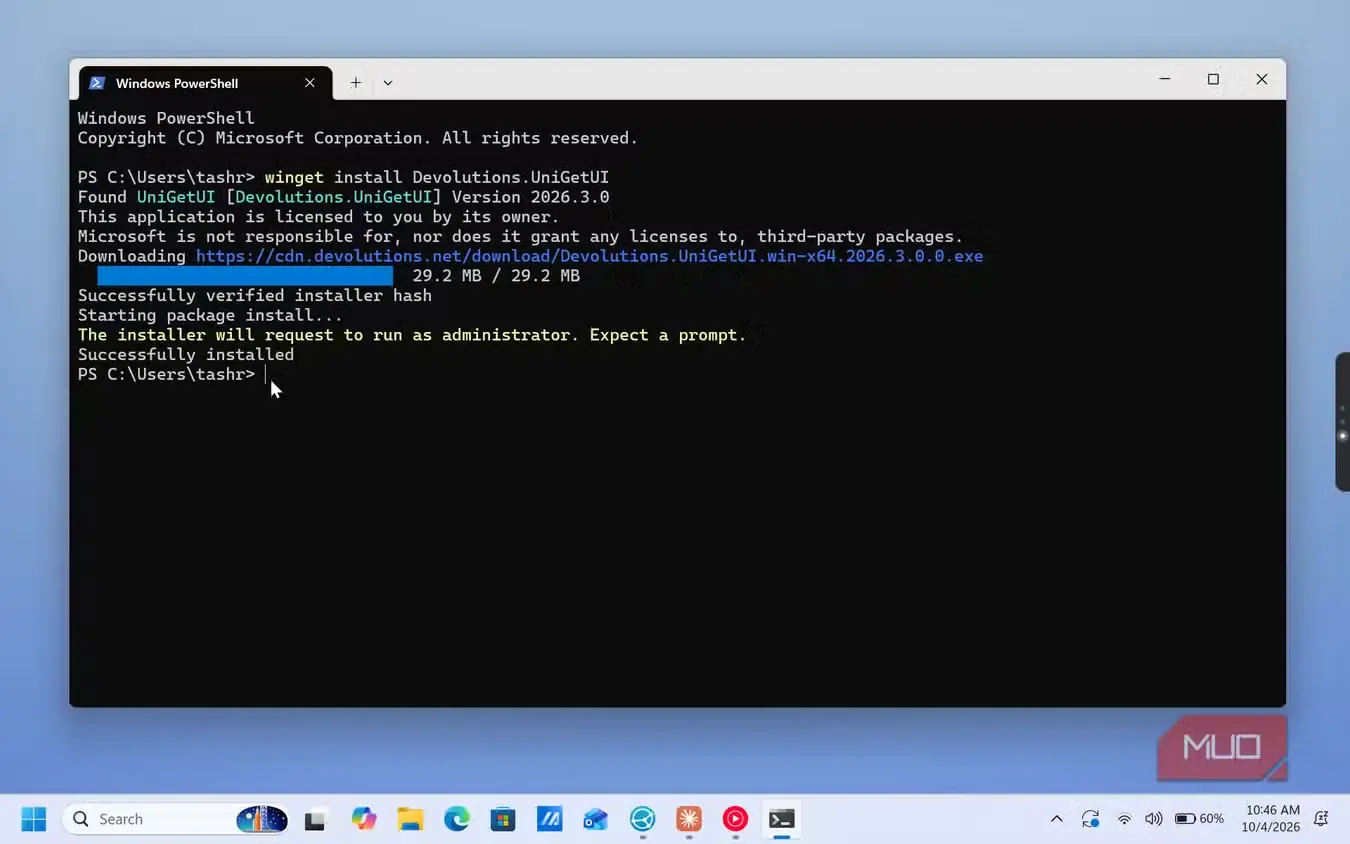 اجرای موفق فرمان نصب Devolutions UniGetUI در Windows PowerShell