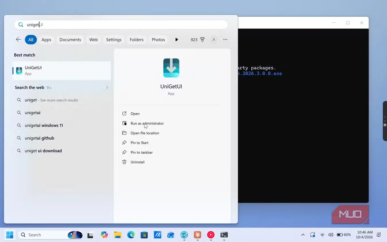 نتایج جستوجوی Windows برای برنامهٔ UniGetUI