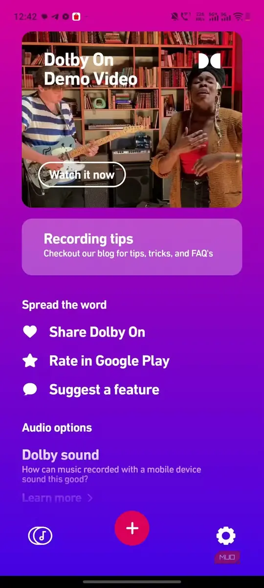نمای راهنمای ضبط صدا در برنامه Dolby On